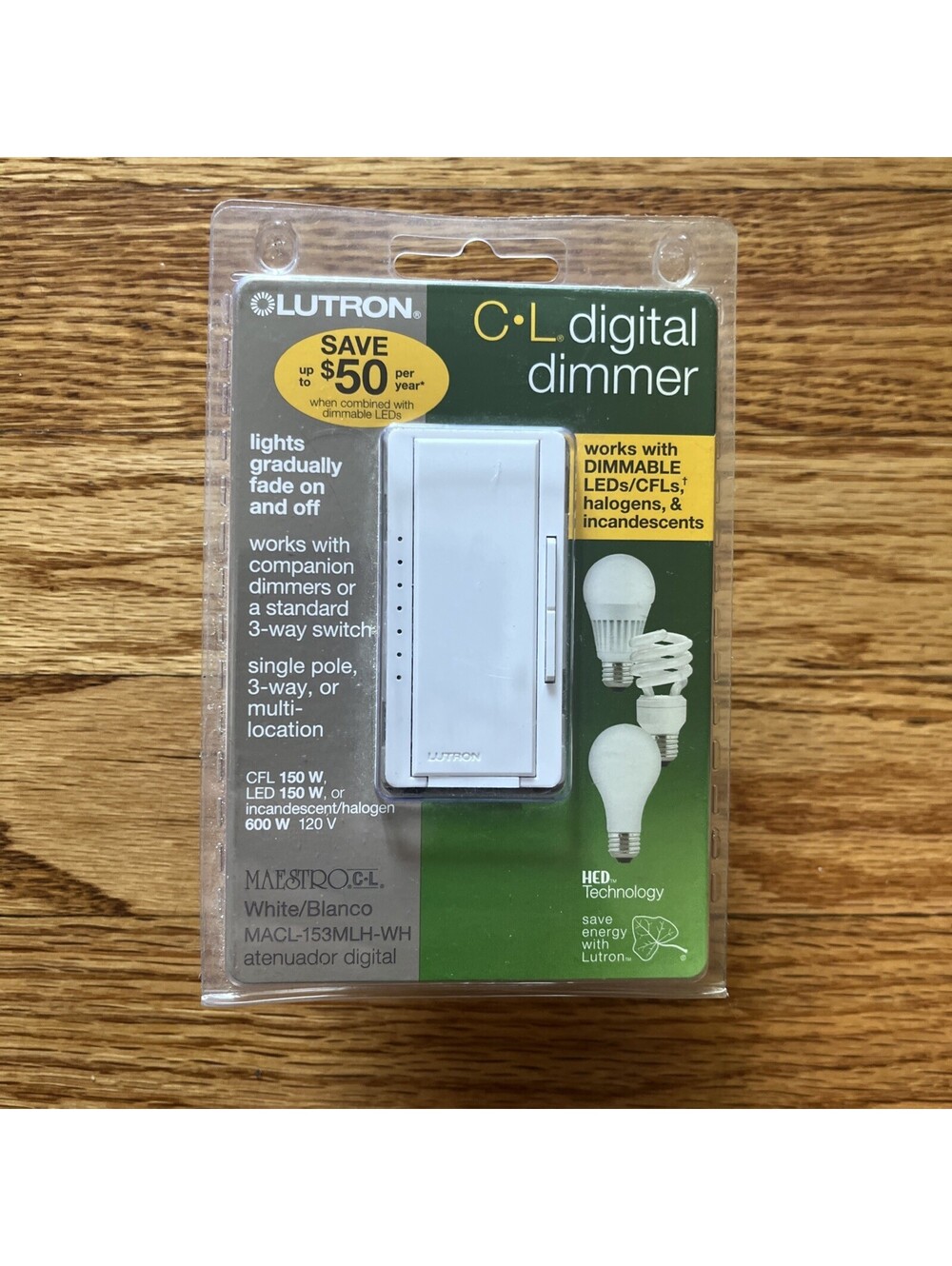 New Lutron MACL-153MLH-WH Maestro Multi-Location LED Toggle Light Dimmer - White
